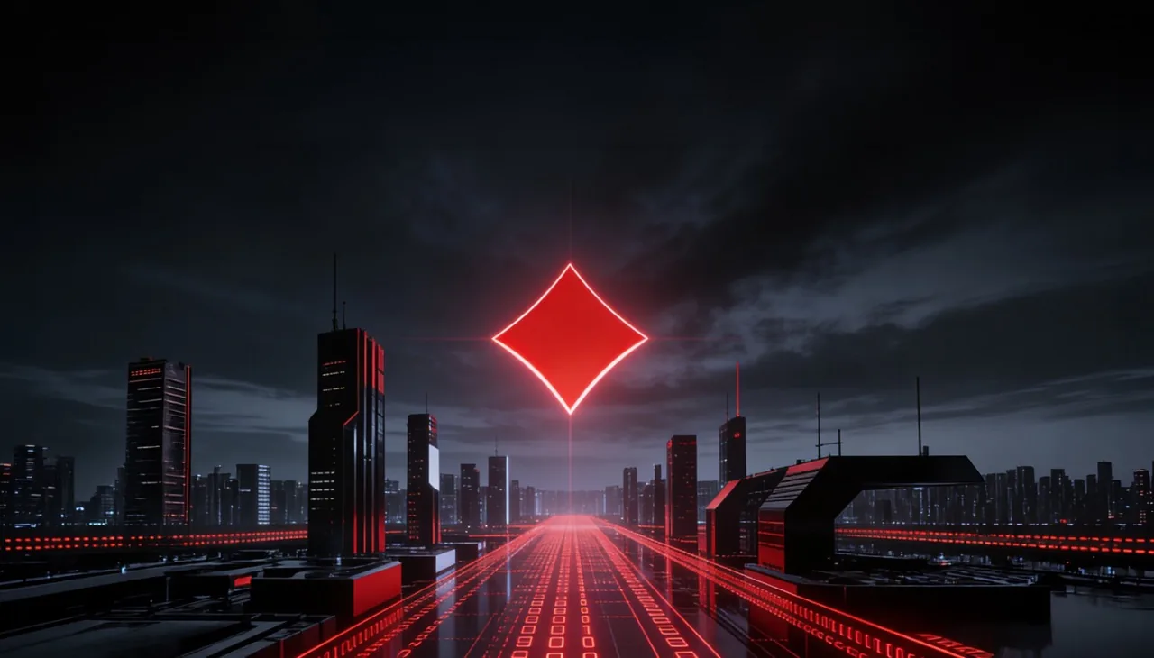 أفق مدينة مستقبلية مع تدفقات بيانات حمراء ومعيّن أحمر متوهّج، رمزًا للحلول الرقمية